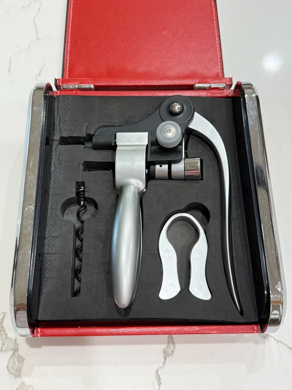 Deluxe Lever-Action Wine Corkscrew Set in Red Presentation Case